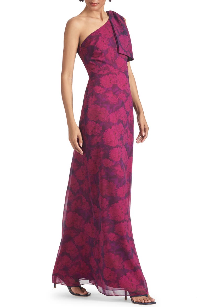 Chelsea Floral One-Shoulder Chiffon Gown, Alternate, color, MAGENTA BLOOM