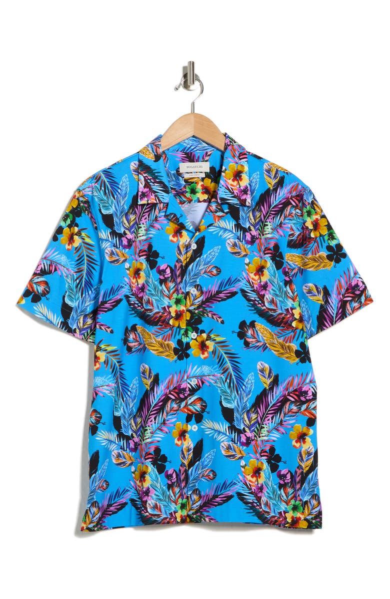 Bugatchi Cole OoohCotton<sup>®</sup> Woven Print Short Sleeve Button-Up Shirt, Alternate, color, Azure