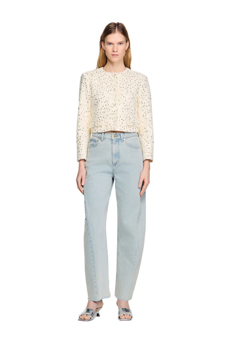 Cropped sequinned cotton jacket, Main, color, Ecru