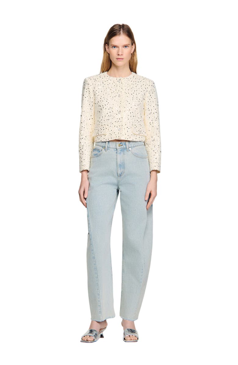 SANDRO Cropped sequinned cotton jacket, Main, color, Ecru