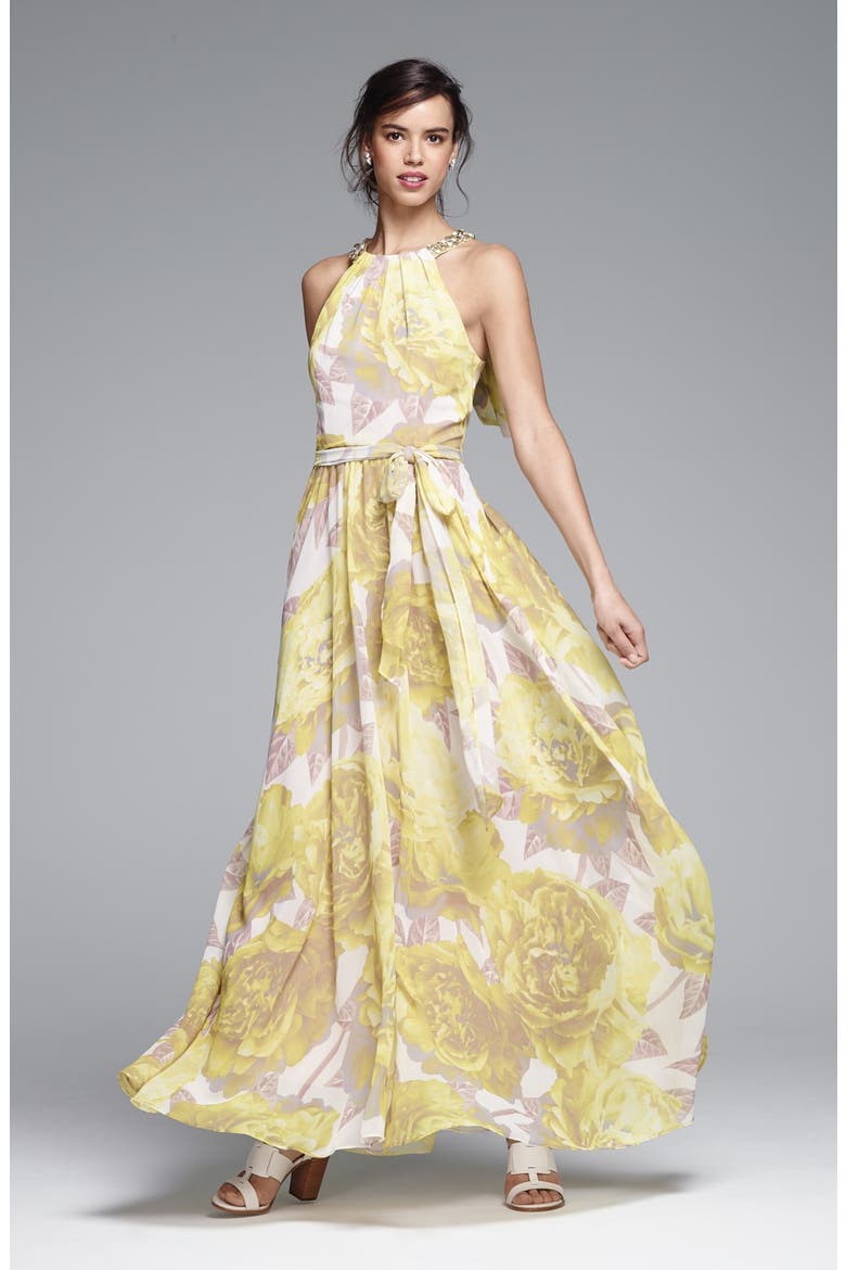 Beaded Print Chiffon Maxi Dress, Alternate, color, YELLOW