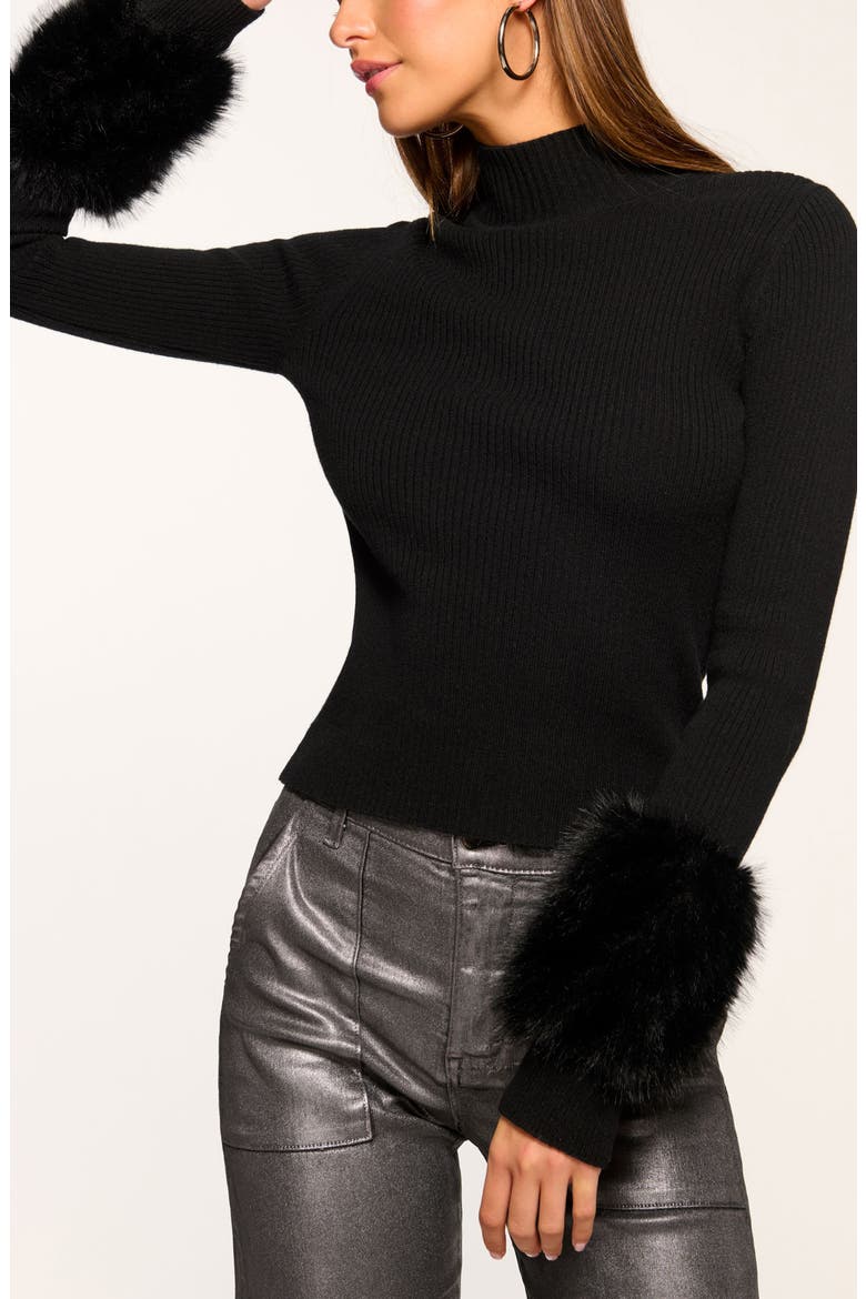 Magnus Faux Fur Trim Merino Wool Blend Rib Top, Main, color, BLACK FAUX FUR