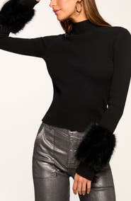 Ramy Brook Magnus Faux Fur Trim Merino Wool Blend Rib Top