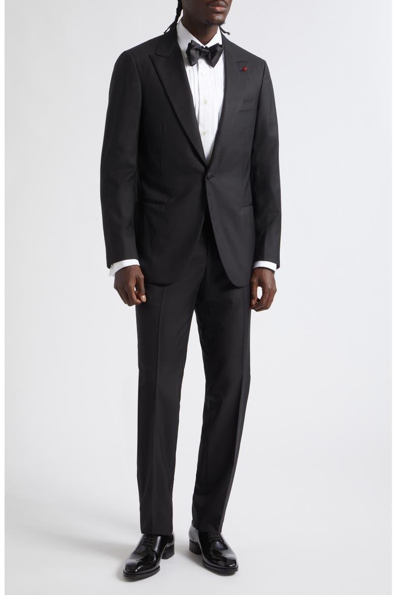 Sanita Super 160s Wool Peak Lapel Tuxedo, Main, color, BLACK