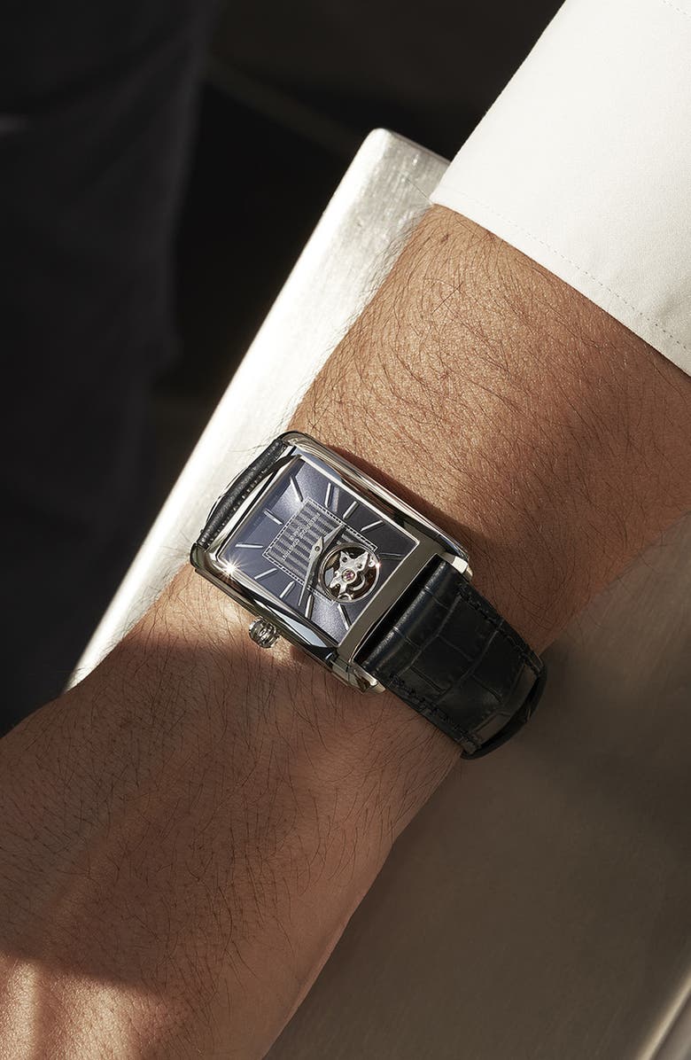 FREDERIQUE CONSTANT Classics Carrée Open Heart Blue Leather Strap Watch, 34.4mm x 33.3mm, Alternate, color,