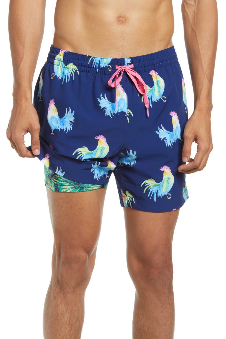 The Fowl Plays 5.5-Inch Swim Trunks, Main, color, NAVY