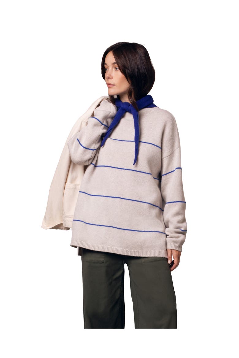 Split Hem Slouch Funnel Neck Jumper, Alternate, color, Ecru Cobalt Stripe