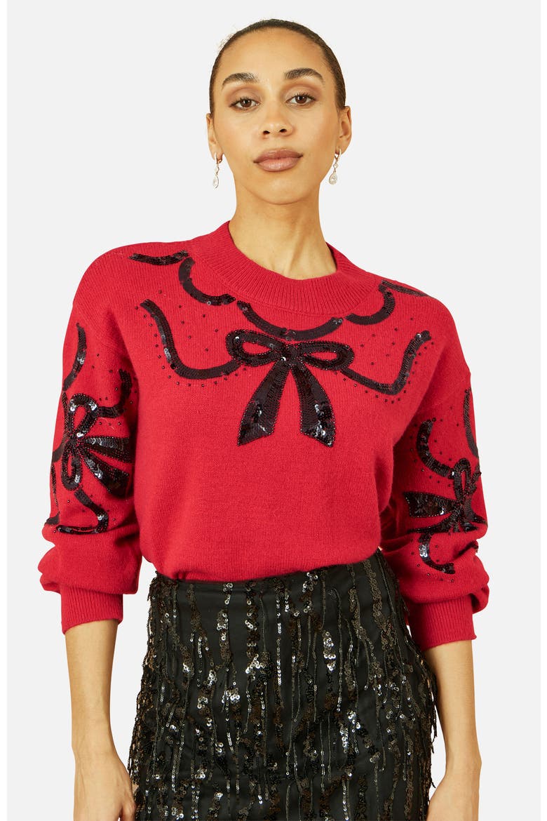 Sequinned Bow Neckline Sweater, Main, color, Red