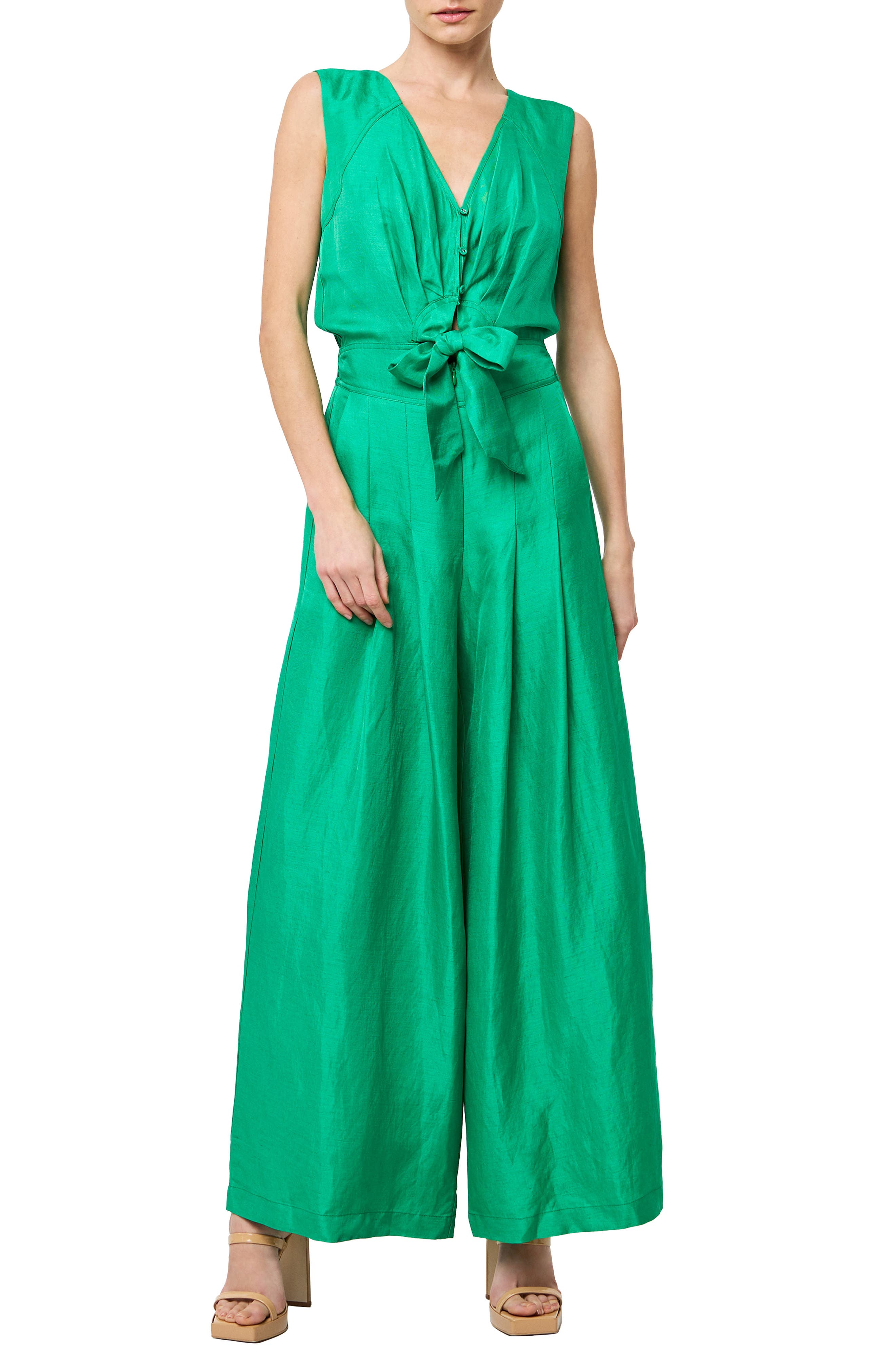 Ciebon Linnie Tie Front Wide Leg Jumpsuit In Green