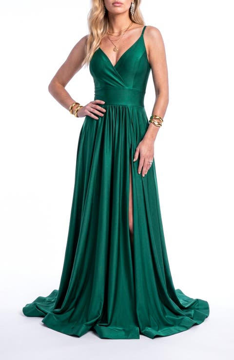 Cross Front Neck Empire Waist Satin Gown