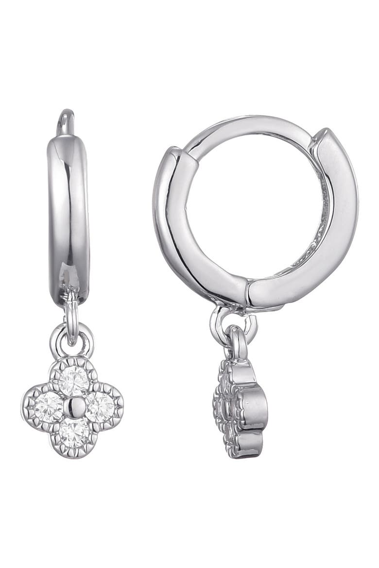 Clover Mini Cubic Zirconia Drop Huggie Hoop Earrings, Alternate, color, SILVER