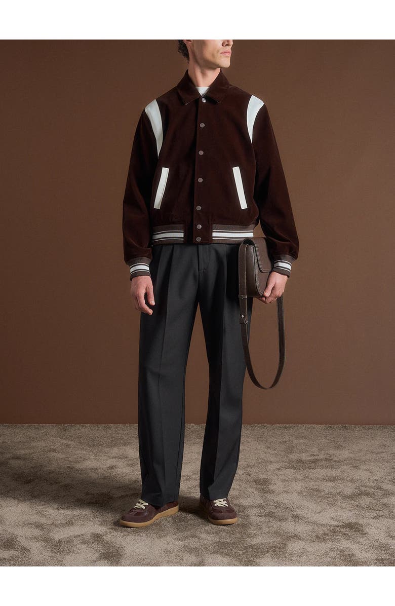 Manière De Voir Nico Velvet & Satin Varsity Jacket, Alternate, color, Brown