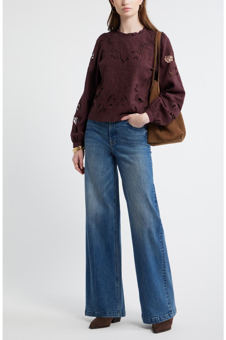 Open Floral Cutwork Linen Blend Top, Alternate, color, BURGUNDY FUDGE