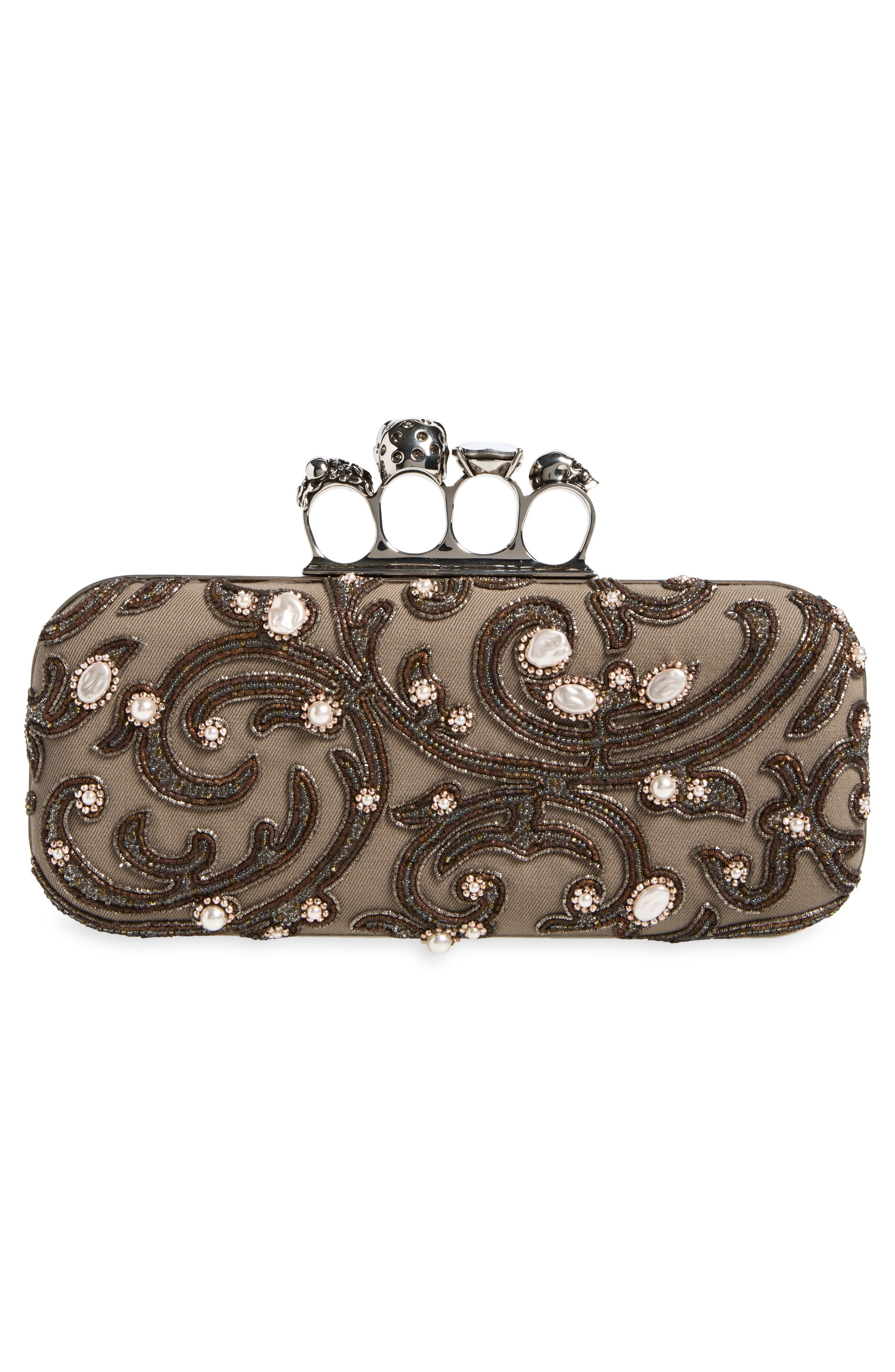Skull Embellished Four-Ring Leather Long Clutch, Alternate, color, LIGHT BEIGE/ SILVER