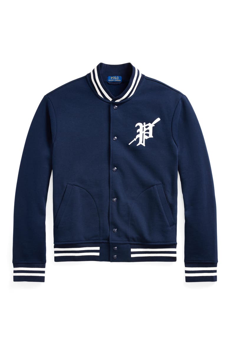 Felted Snap-Up Baseball Jacket, Alternate, color, CRUISE NAVY