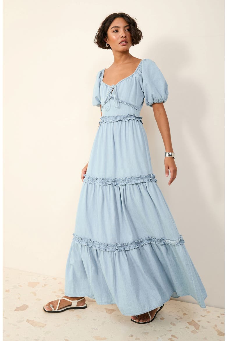 Tiered Puff Sleeve Chambray Maxi Dress, Alternate, color, BLUE