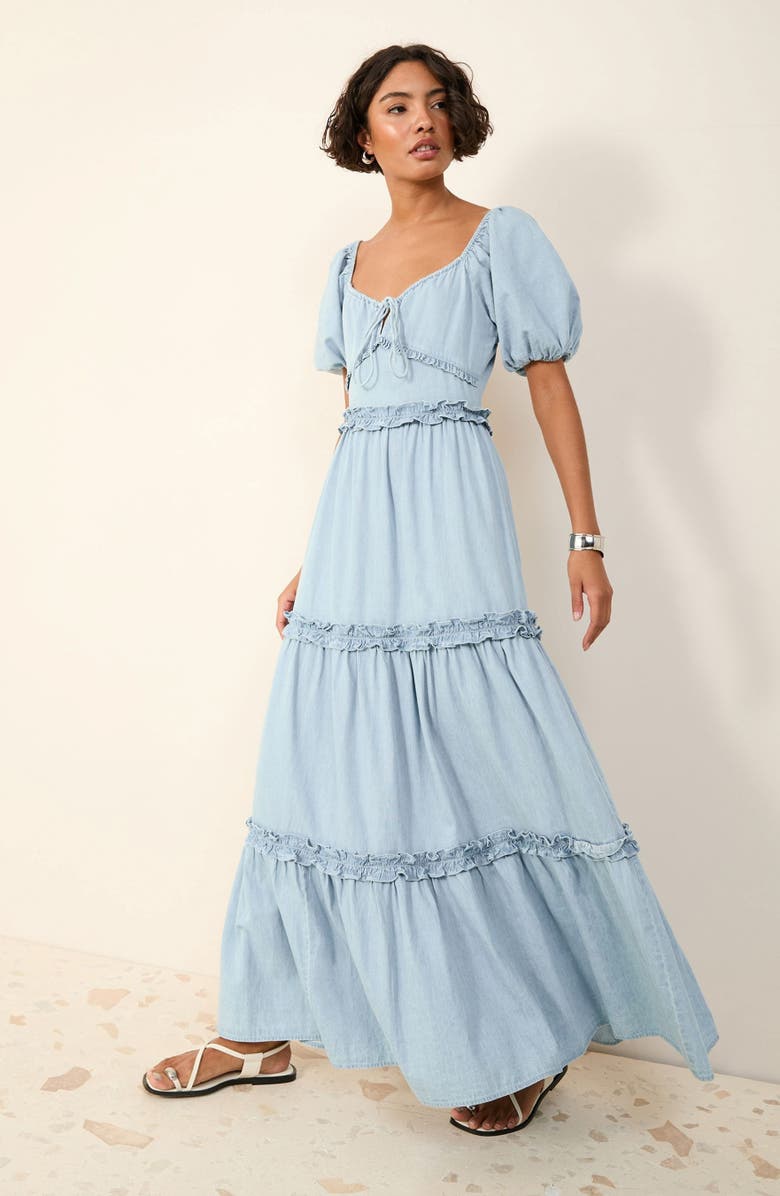 Friends Like These Tiered Puff Sleeve Chambray Maxi Dress, Alternate, color, Blue