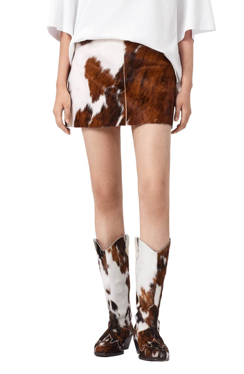 AllSaints Dapple Genuine Calf Hair Miniskirt, Main, color, Cow Print
