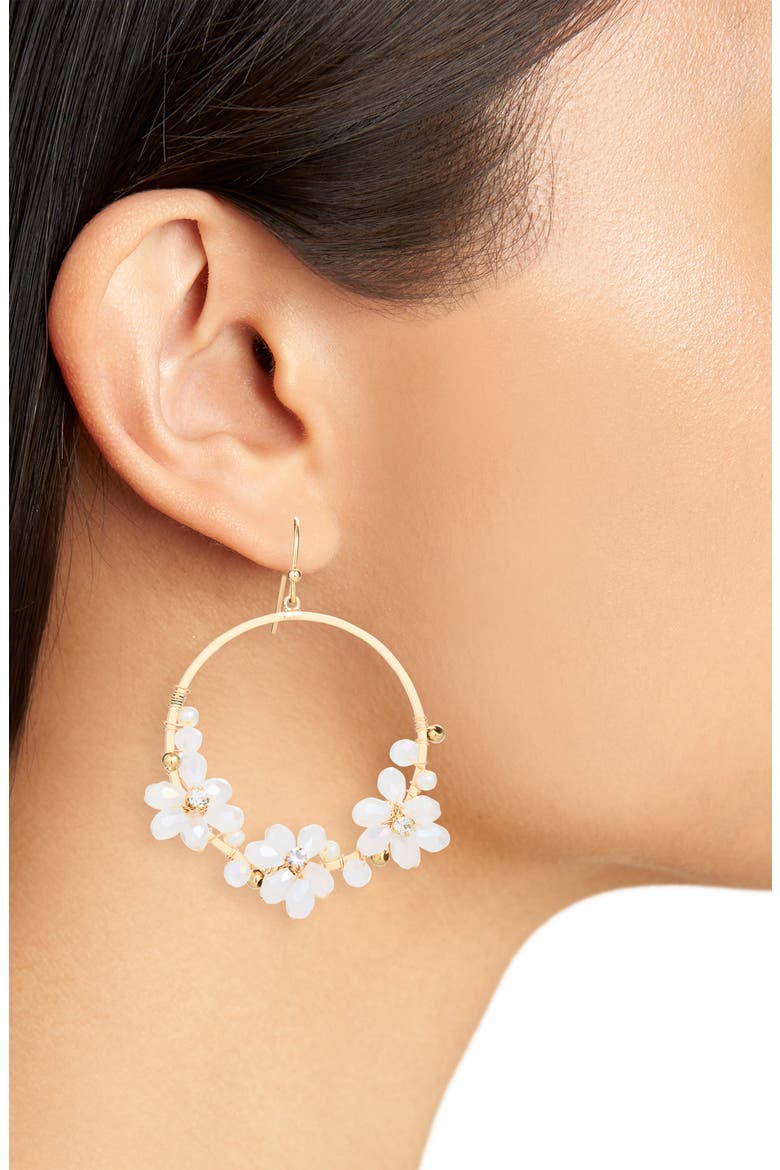 Beaded Flower Hoop Earrings, Alternate, color, WHITE