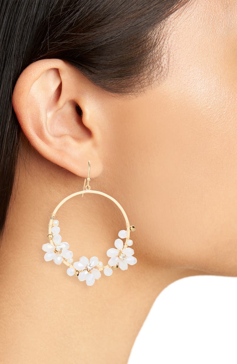 Cara Beaded Flower Hoop Earrings, Alternate, color, White