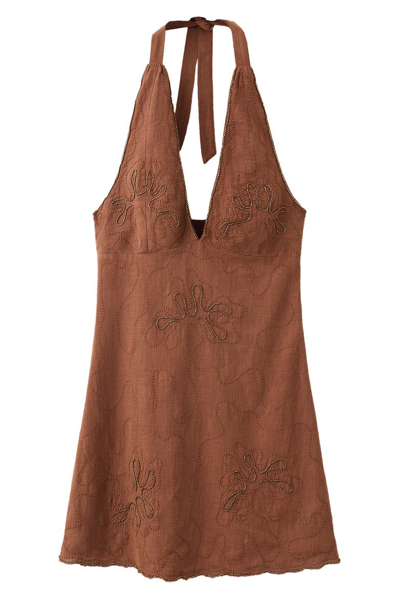Embroidered Halter Cotton Minidress, Main, color, BROWN