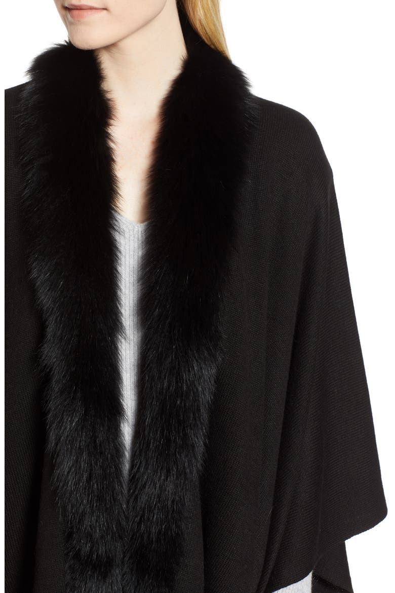 Wool Blend Wrap with Genuine Fox Fur Trim, Alternate, color, BLACK