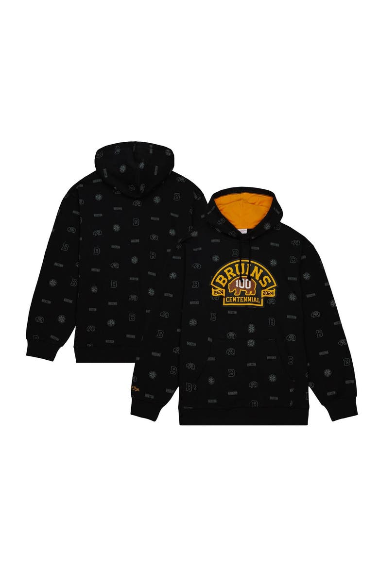 Men's Mitchell & Ness Black Boston Bruins 100th Anniversary Allover Print Pullover Hoodie, Main, color, Black