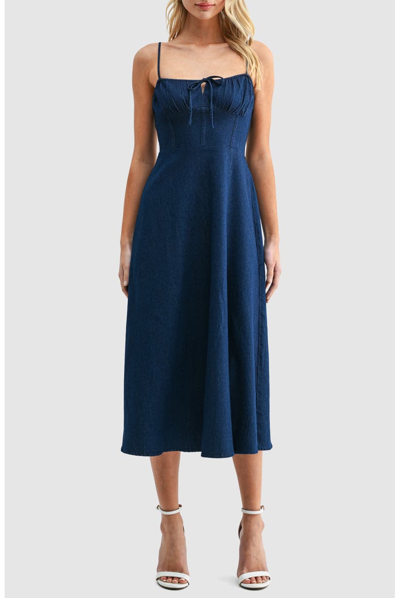 Corset Denim Midi Sundress, Main, color, DARK DENIM