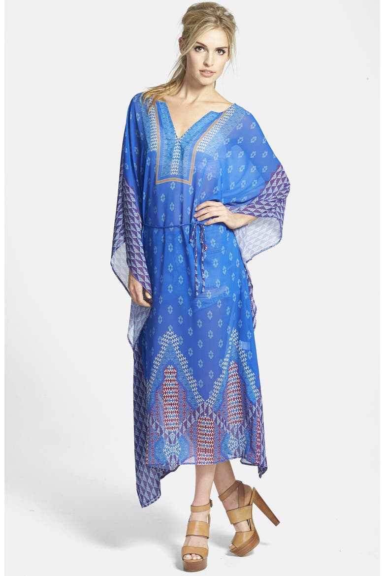 ASTR Tie Waist Caftan Dress, Main, color, TURQUOISE MULTI