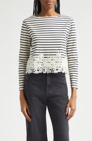 Veronica Beard Hovey Stripe Lace Detail Cotton Top