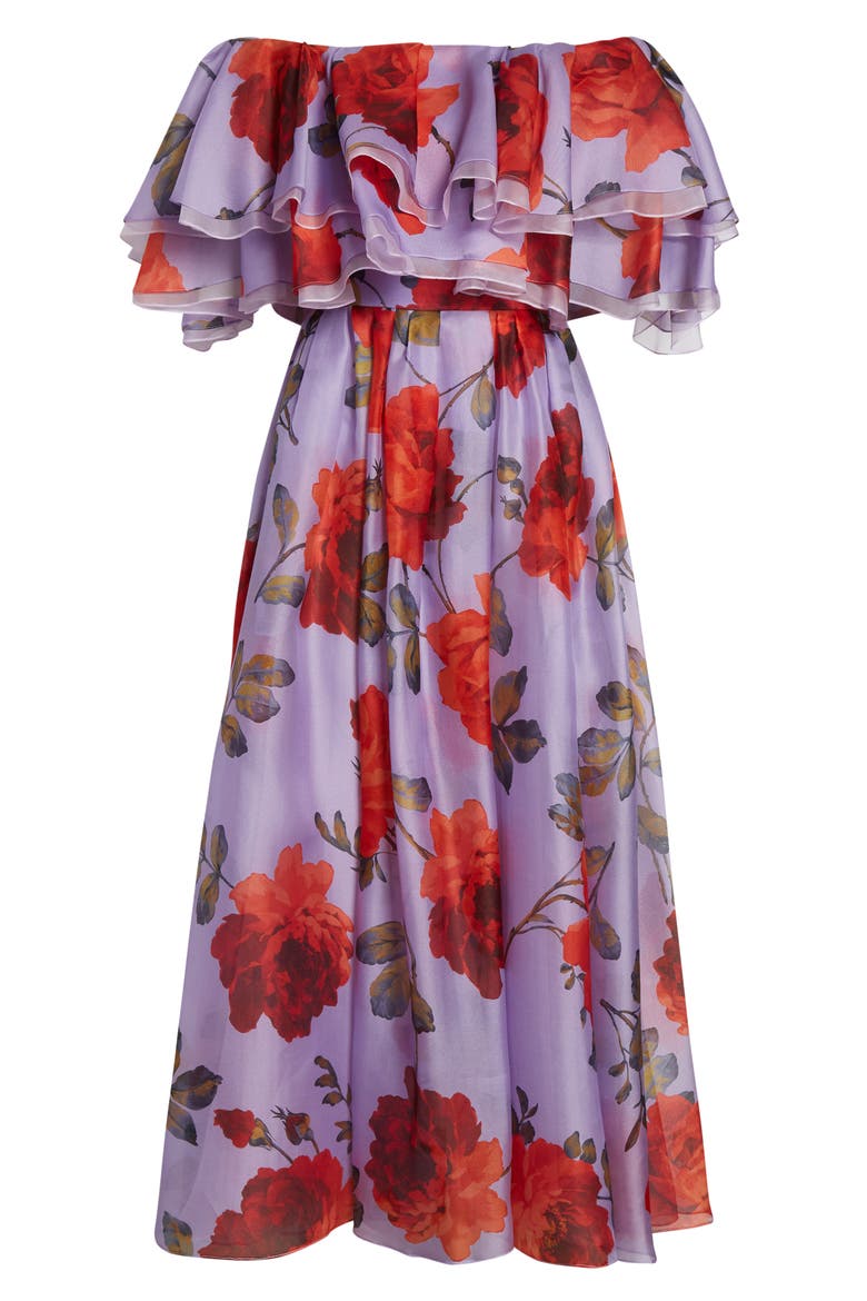 Rose Print Off the Shoulder Silk Organza Midi Dress, Alternate, color, VIOLETA MULTI