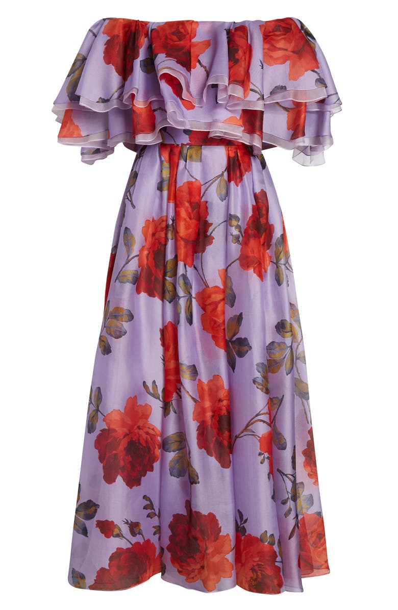 Carolina Herrera Rose Print Off the Shoulder Silk Organza Midi Dress, Alternate, color, Violeta Multi