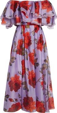 Carolina Herrera Rose Print Off the Shoulder Silk Organza Midi Dress