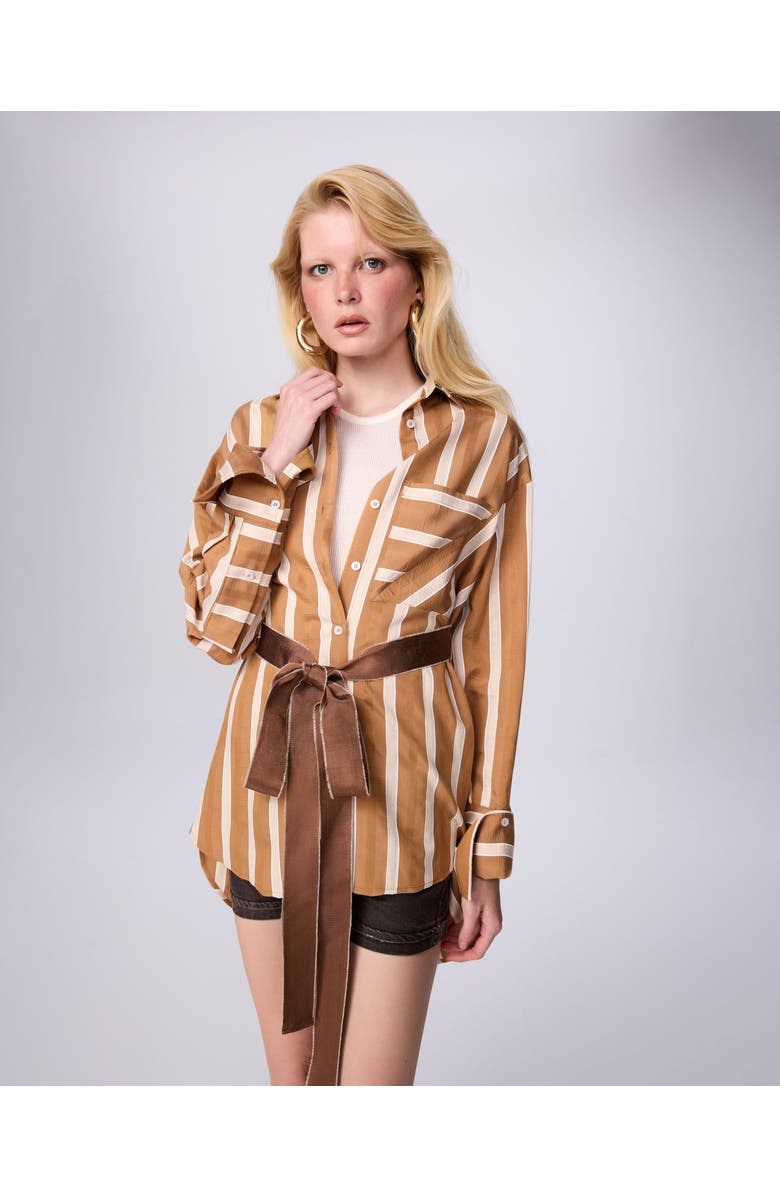 THEO The Label Ismene Side Button Boyfriend Stripe Shirt, Alternate, color, Cosmic Dust Stripe