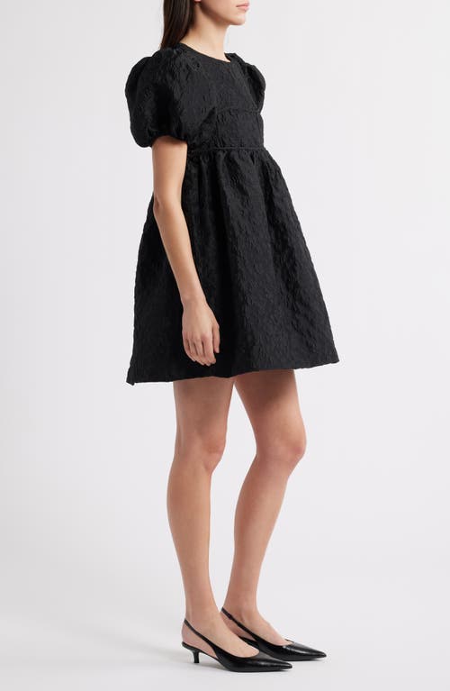 Sister Jane Oyster Jacquard Tie Waist Puff Sleeve Minidress In Black