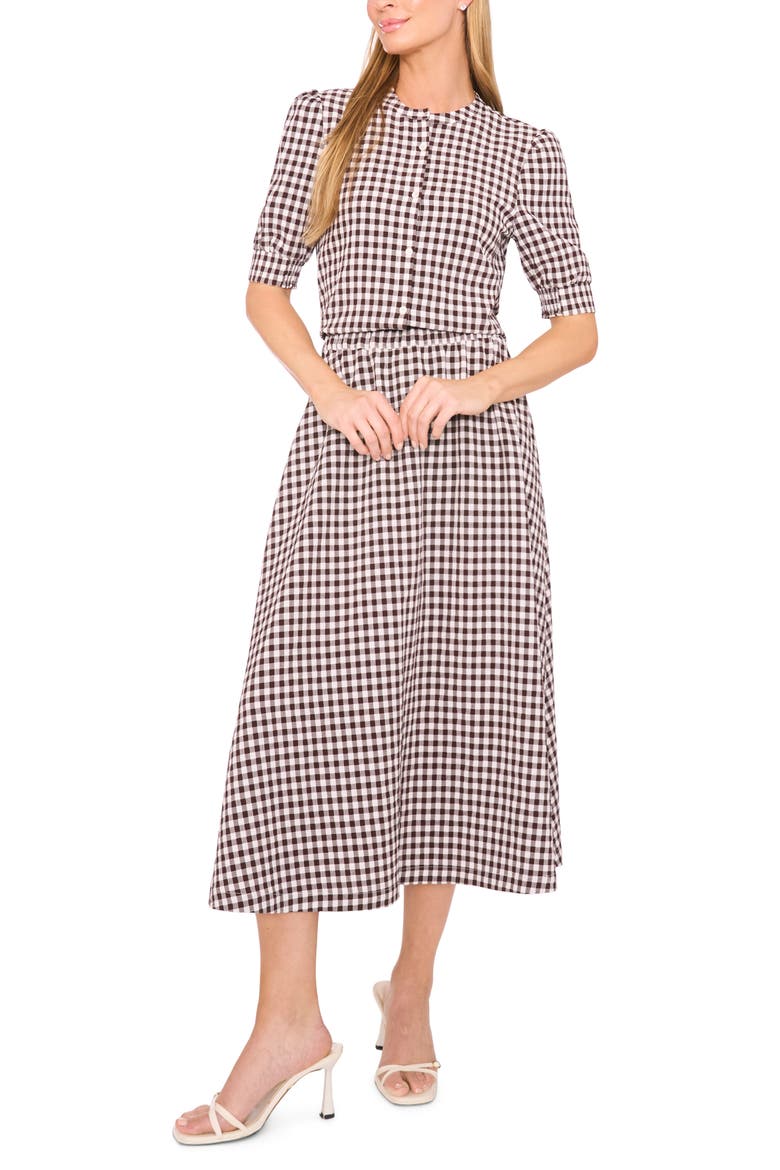 Gingham Puff Sleeve Woven Shirt, Alternate, color, CHICORY COFFEE