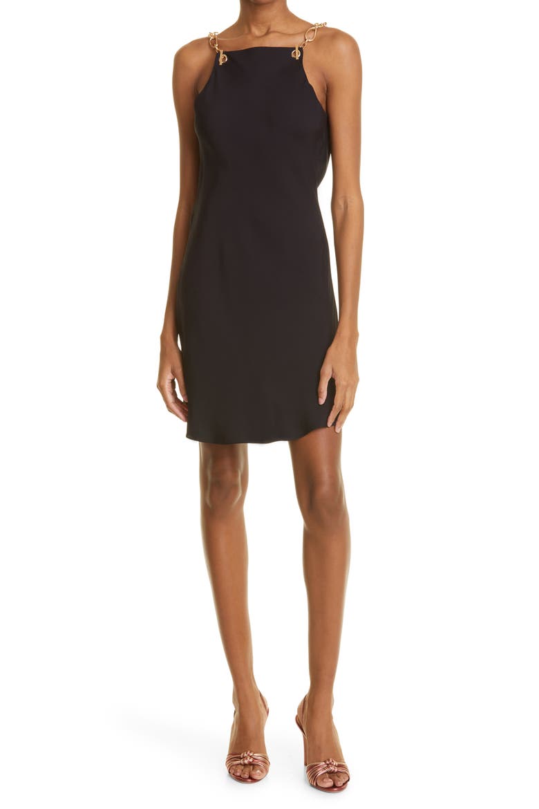 Chain Strap Silk Blend Dress, Main, color, BLACK