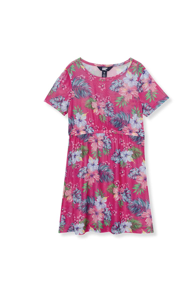 Girls Short Sleeve Mesh Cover Up, Alternate, color, Hot Pink Palm