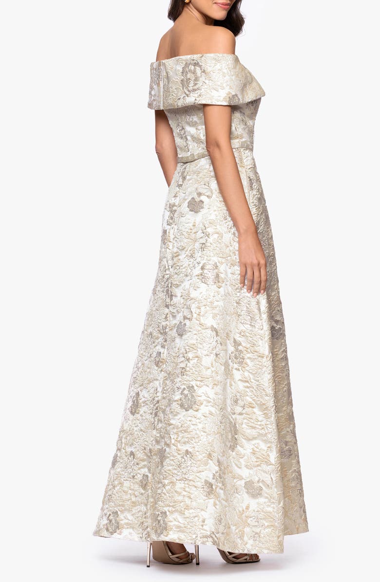 Xscape Evenings Metallic Floral Brocade Off the Shoulder Gown, Alternate, color, Champagne