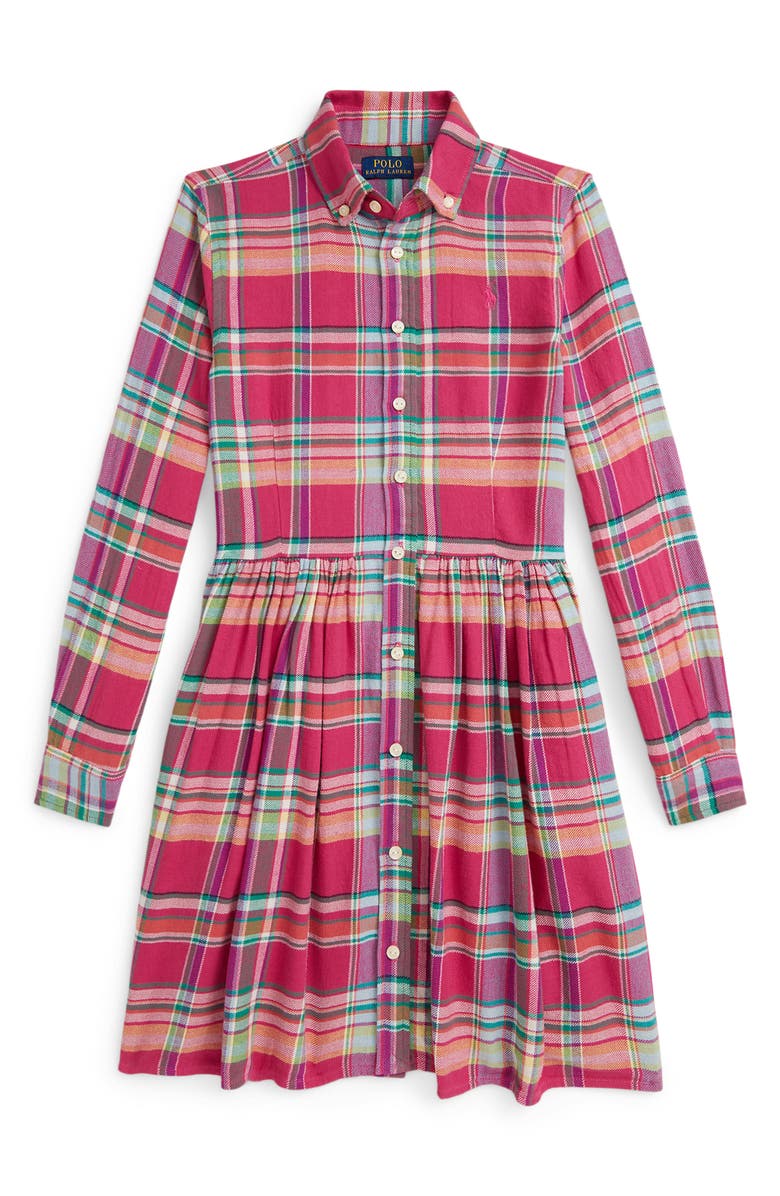 Polo Ralph Lauren Kids' Long Sleeve Plaid Shirt Dress, Main, color, Pink-Purple-Green Multi