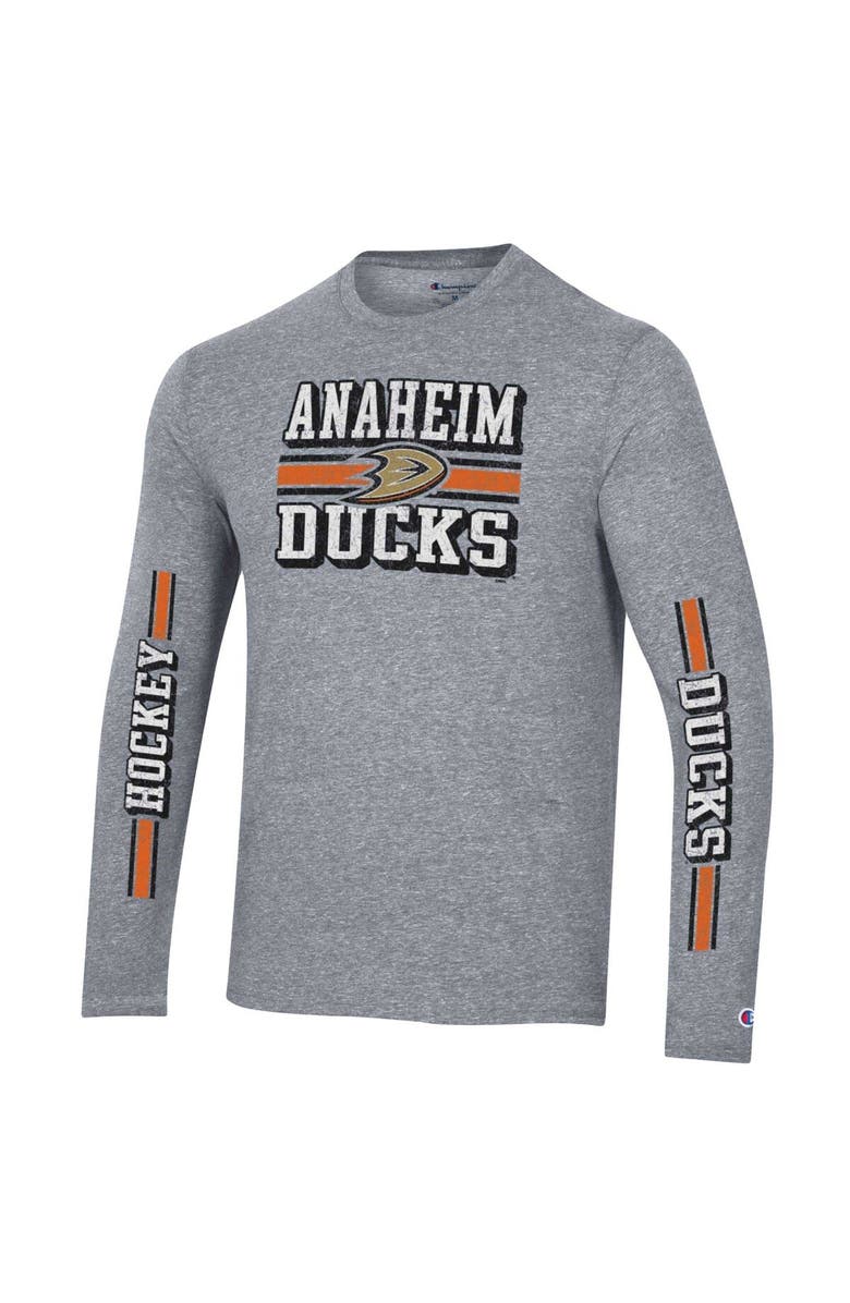 Champion Men's Champion Heather Gray Anaheim Ducks Tri-Blend Dual-Stripe Long Sleeve T-Shirt, Alternate, color, 
