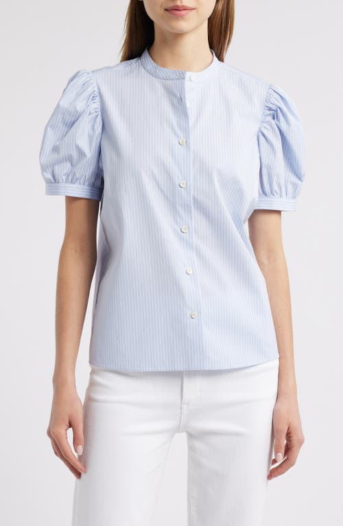 Shop Frame The Gathered Stripe Short Sleeve Button-up Shirt In Light Chambray Multi
