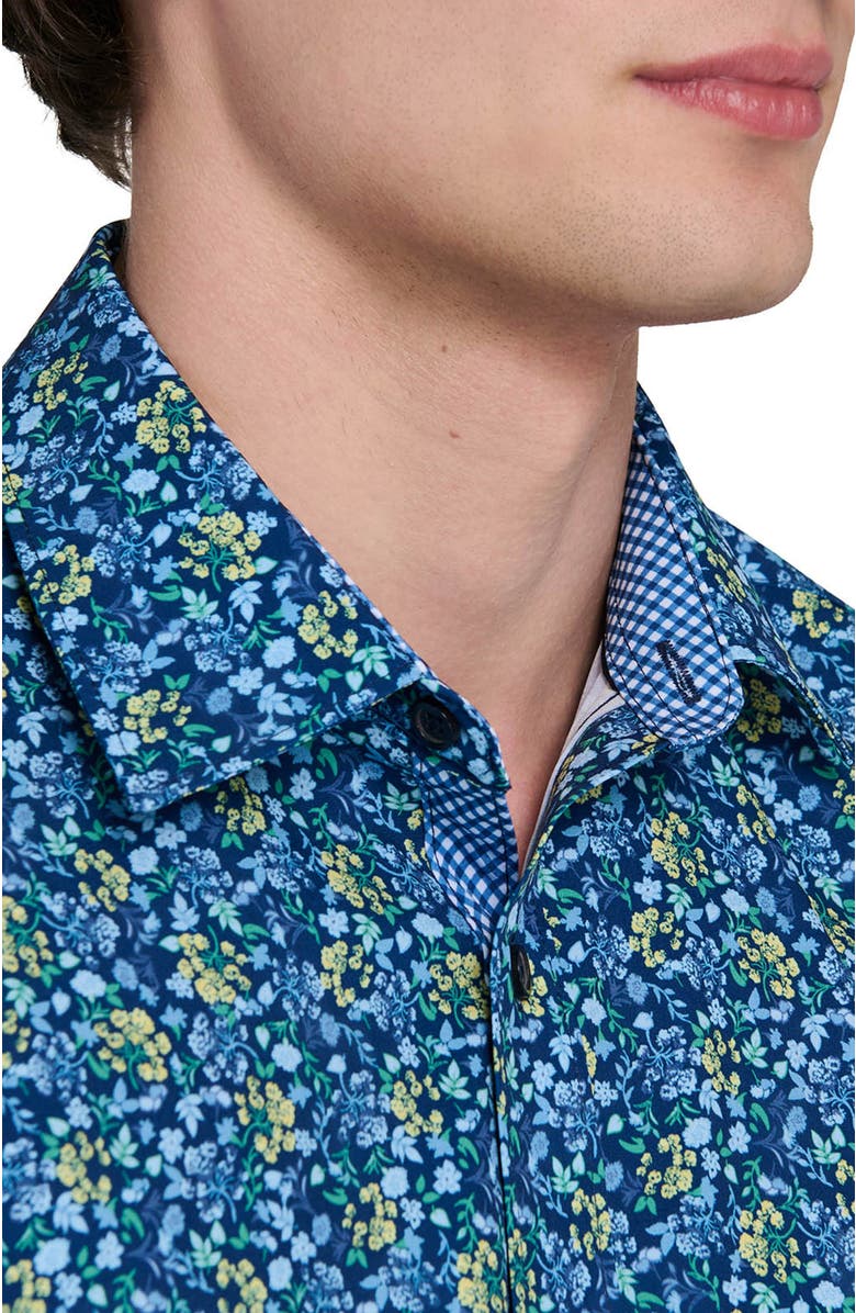 CONSTRUCT Slim Fit Budding Floral Performance Long Sleeve Shirt, Alternate, color, Navy/Yellow