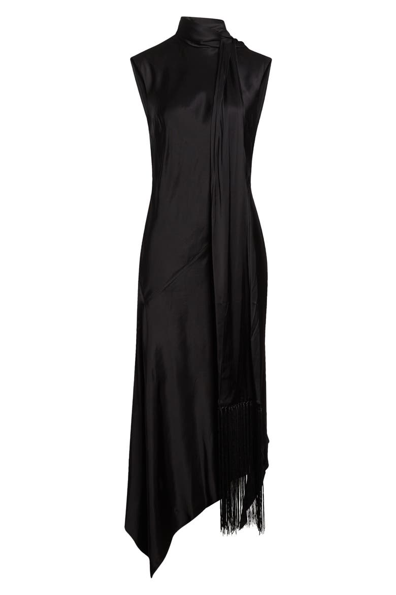Dale Attached Scarf Asymmetric Satin Dress, Alternate, color, BLACK