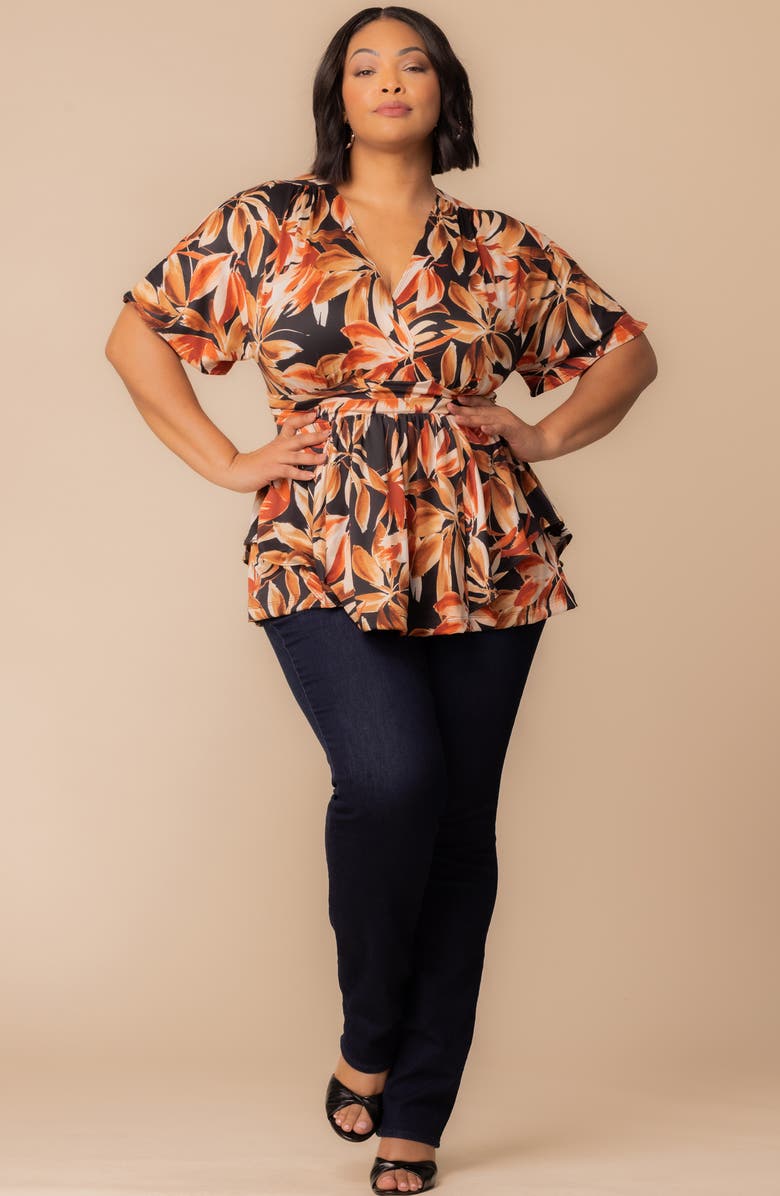 Kiyonna Encore Print Faux Wrap Top, Alternate, color, Black/ Orange Multi