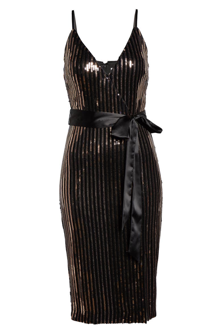 Sequin Stripe Faux Wrap Cocktail Dress, Alternate, color, BLACK- GOLD