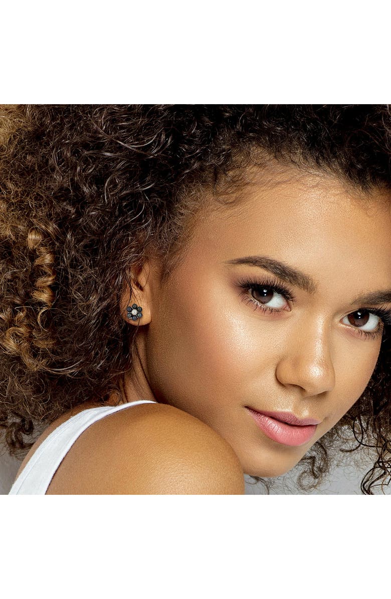 DELMAR Floral Cultured Pearl Stud Earrings, Alternate, color, Black