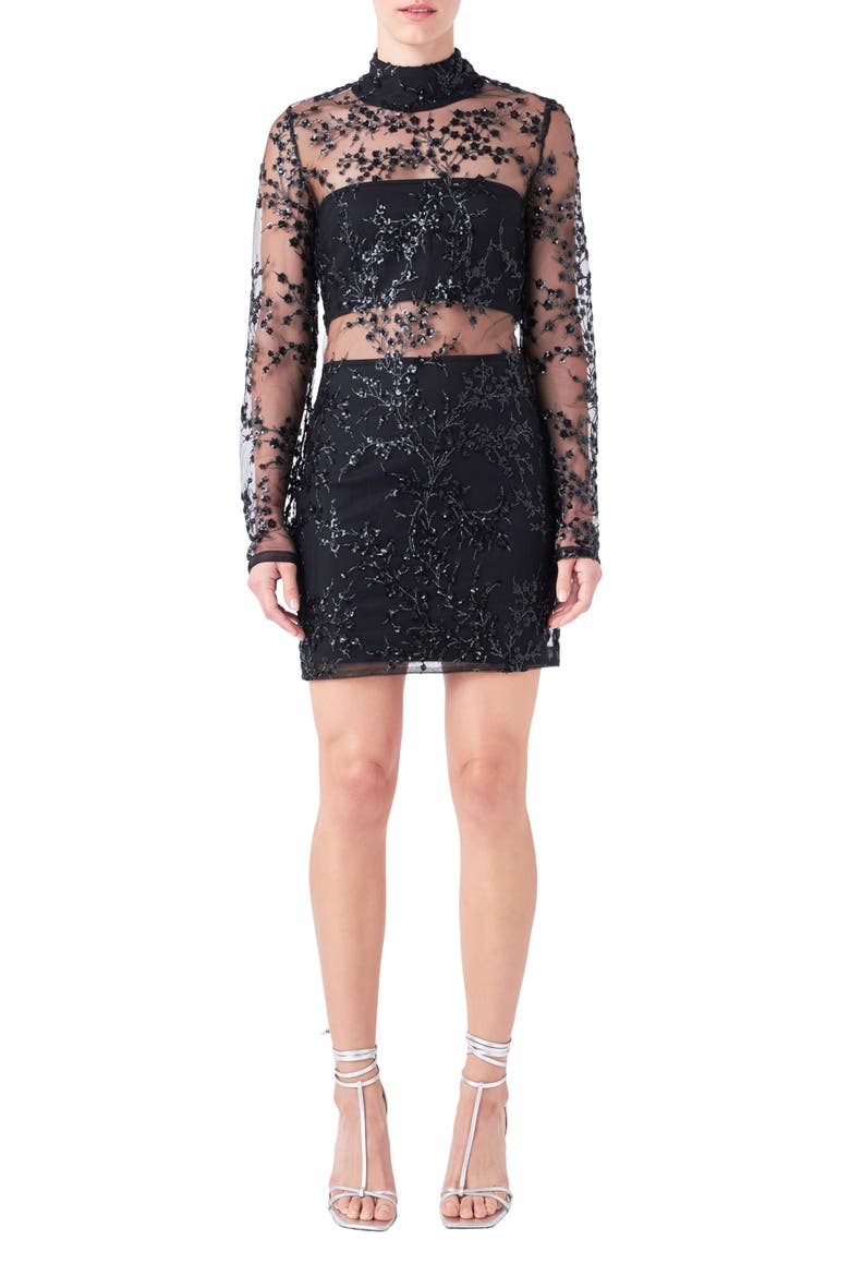 Long Sleeve Sequin Minidress, Main, color, BLACK