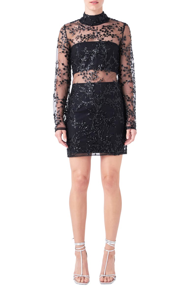 Endless Rose Long Sleeve Sequin Minidress, Main, color, Black