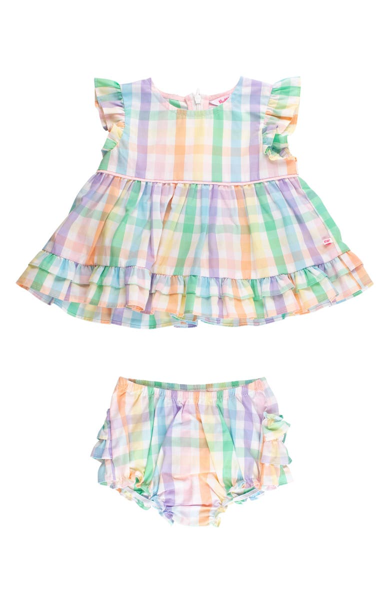 RuffleButts Woven Ruffle Sleeve Swing Top & Bloomer Set, Main, color, Poppy Rainbow Plaid
